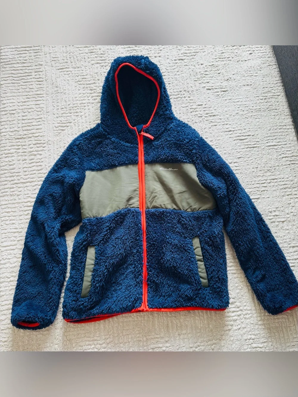 Eddie Bauer Navy Sherpa Hoodie with Olive Panels and Orange Trim